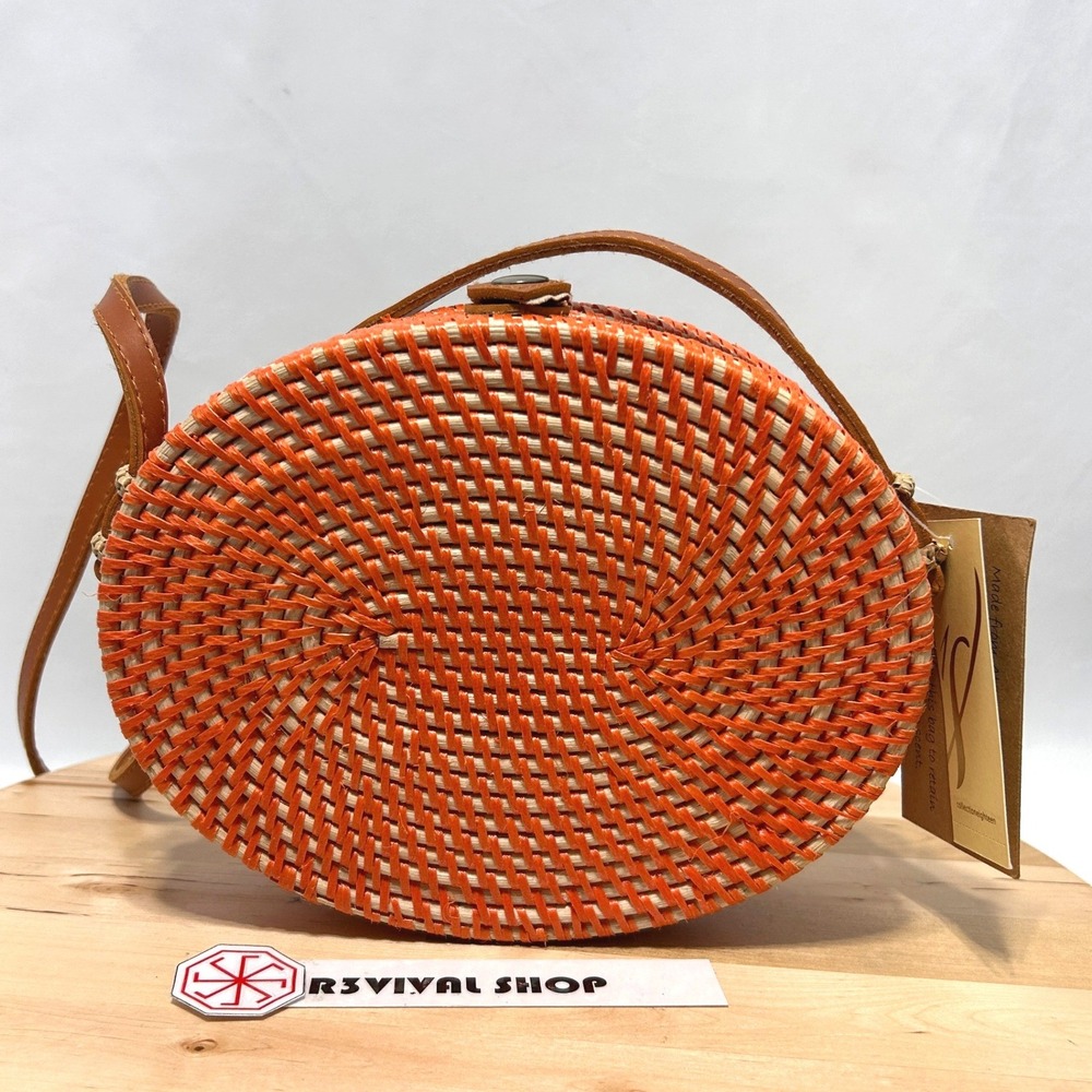 Collection 18 Womens‎ Orange Woven Rattan Circular Shoulder Strap Boho Bag NWT